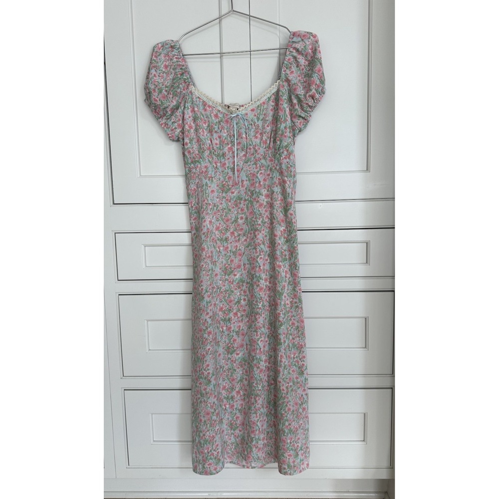 Coquette Ditsy Floral Dress Puff Sleeve Cottage Y2K Milkmaid Lace Trim Midi S